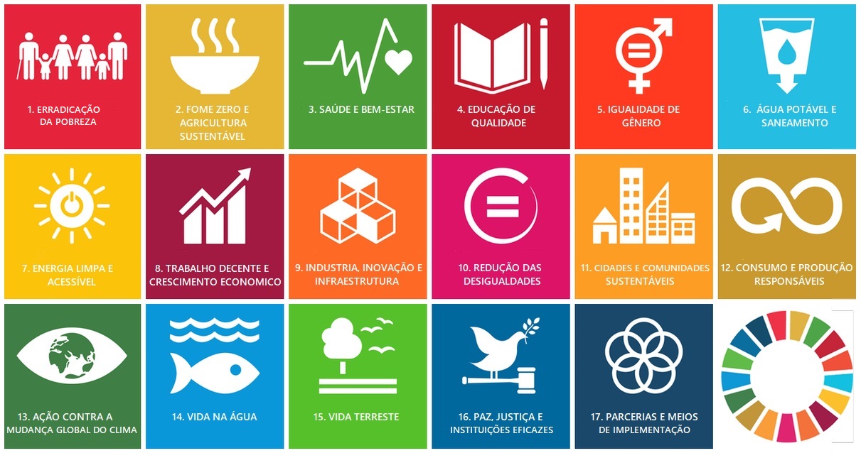 Infográfico com os 17 Objetivos de Desenvolvimento Sustentável da ONU, incluindo Erradicação da Pobreza, Fome Zero, Saúde e Bem-estar, Educação de Qualidade, Igualdade de Gênero, Água Potável, Energia Limpa, Trabalho Decente, Indústria e Inovação, Redução das Desigualdades, Cidades Sustentáveis, Consumo Responsável, Ação Climática, Vida na Água, Vida Terrestre, Paz e Justiça, e Parcerias.